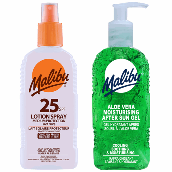 Malibu SPF25 Wodoodporny Spray 200ml + Aloe Żel Po Opalaniu 200ml