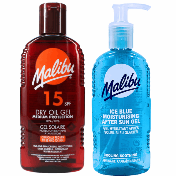 Malibu Suchy Olejek W Żelu SPF15 200ml + Ice Blue Żel Po Opalaniu 200ml