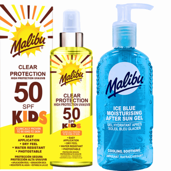 Malibu Bezbarwny Spray Dla Dzieci SPF50 250ml + Żel Po Opalaniu 200ml