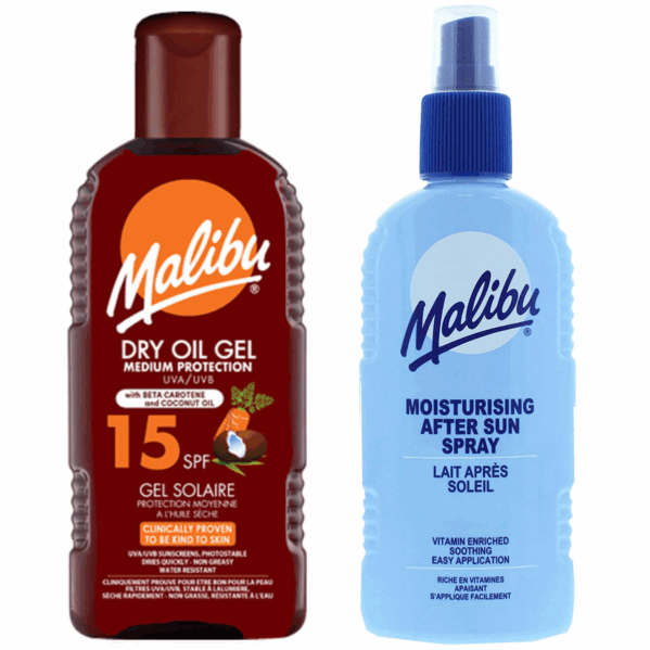 Malibu Suchy Olejek W Żelu SPF15 200ml + Balsam W Sprayu Po Opalaniu 200ml