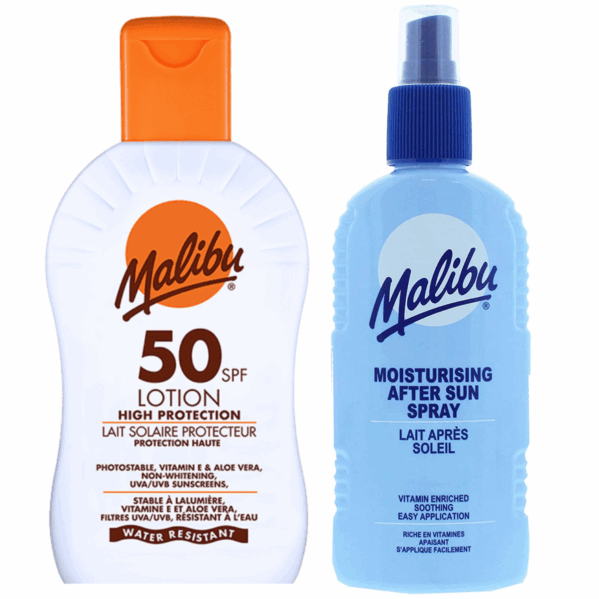 Malibu SPF50 Wodoodporny Balsam 200ml + Balsam W Sprayu Po Opalaniu 200ml