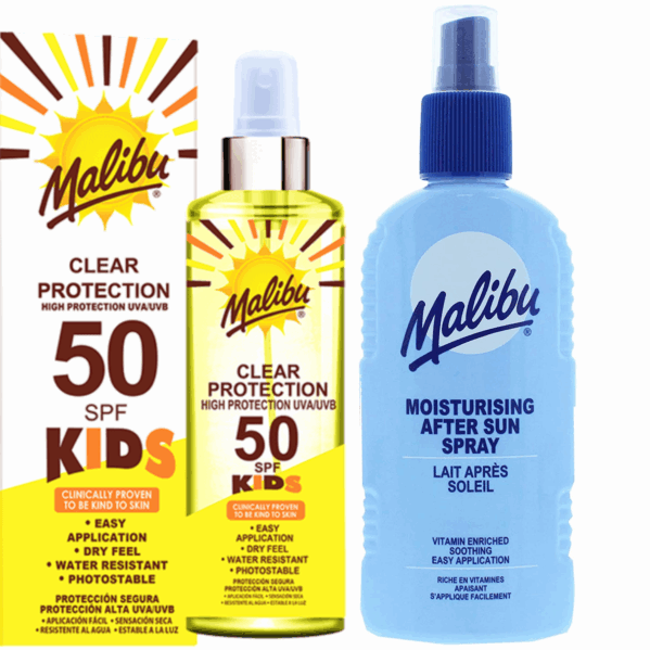 Malibu Bezbarwny Spray Dla Dzieci SPF50 250ml + Balsam W Sprayu Po Opalaniu 200ml