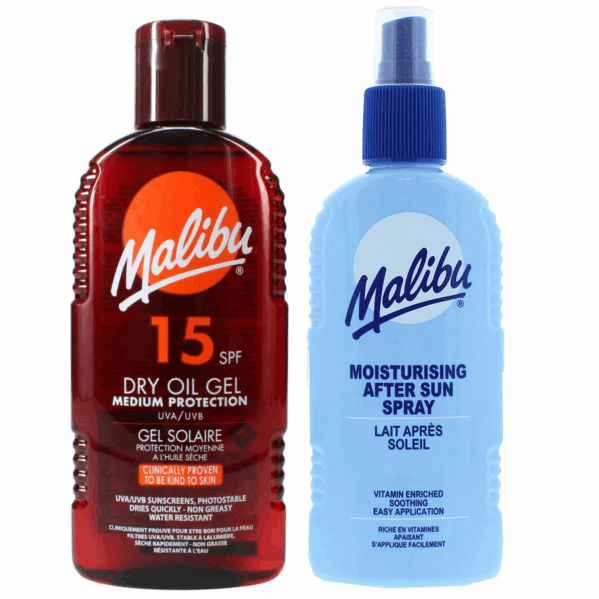 Malibu Suchy Olejek W Żelu SPF15 200ml + Balsam W Sprayu Po Opalaniu 200ml
