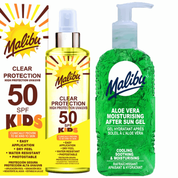 Malibu Bezbarwny Spray Dla Dzieci SPF50 250ml + Aloe Żel Po Opalaniu 200ml