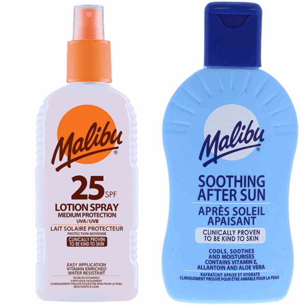 Malibu SPF25 Wodoodporny Spray 200ml + Balsam Po Opalaniu 200ml
