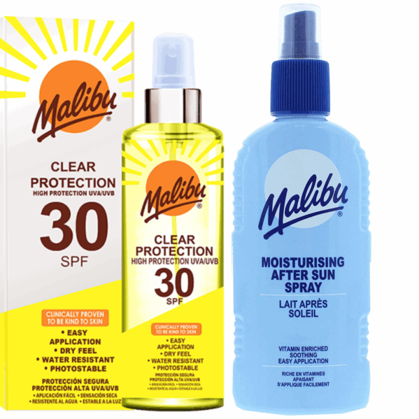 Malibu Bezbarwny Spray Ochronny SPF30 250ml + Balsam W Sprayu Po Opalaniu 200ml