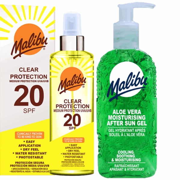 Malibu SPF20 Przezroczysty Spray Ochronny 250ml + Aloe Żel Po Opalaniu 200ml