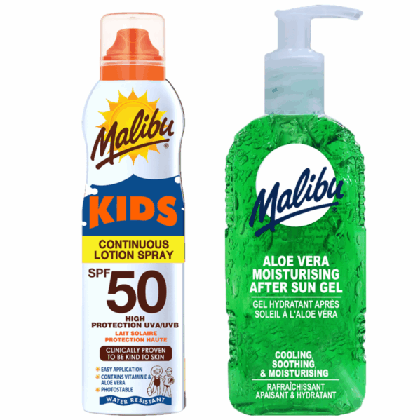 Malibu Mleczko W Aerozolu Dla Dzieci SPF50 175ml + Aloe Żel Po Opalaniu 200ml