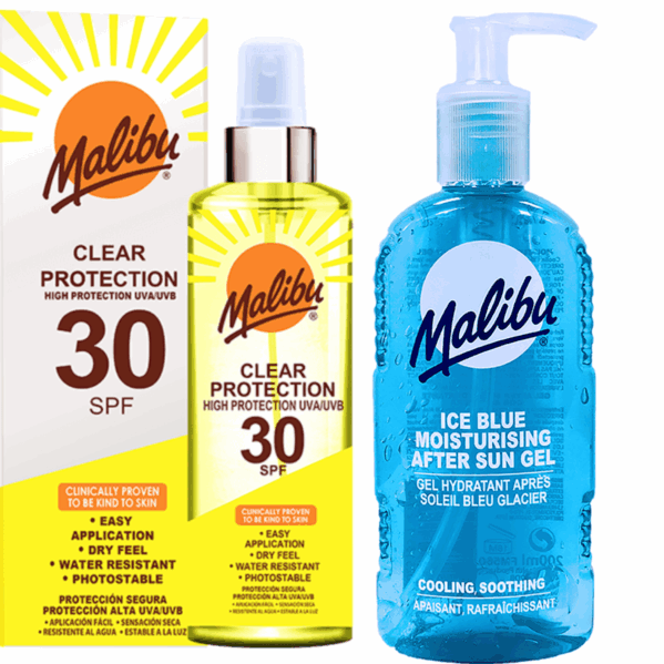 Malibu Bezbarwny Spray Ochronny SPF30 250ml + Żel Po Opalaniu 200ml