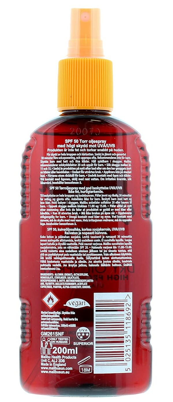 Malibu Dry Oil Spray SPF50 Olejek Brązujący Do Opalania 200ml x2szt - obrazek 2
