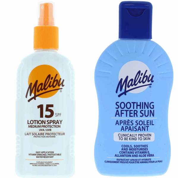 Malibu SPF15 Wodoodporny Spray 200ml + Balsam Po Opalaniu 200ml
