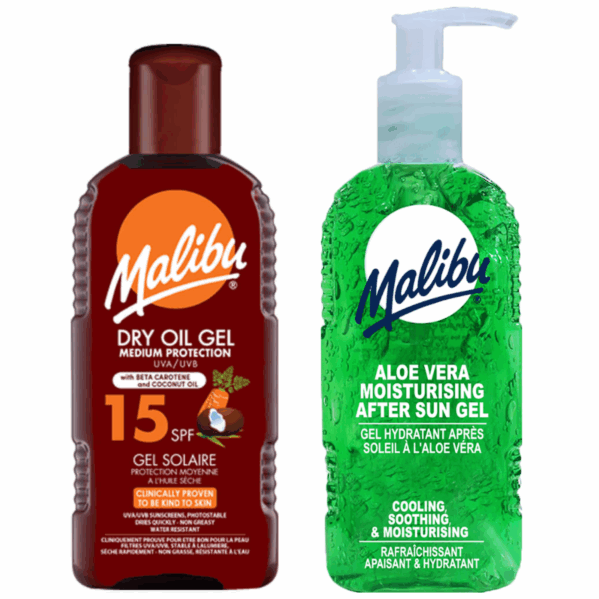 Malibu Suchy Olejek W Żelu SPF15 200ml + Aloe Żel Po Opalaniu 200ml