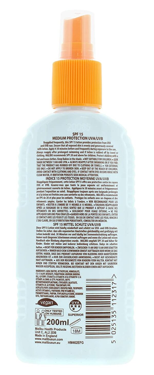 Malibu Sun Lotion Spray SPF15 Wodoodporny Spray 200ml - obrazek 2