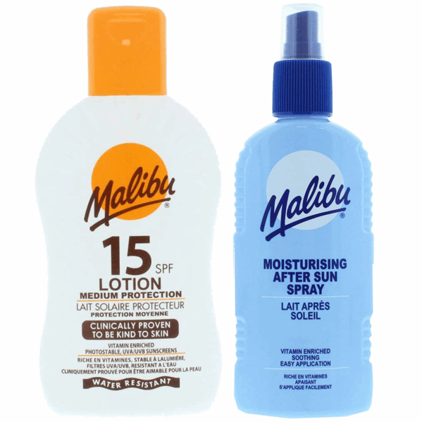 Malibu SPF15 Wodoodporny Balsam 200ml + Balsam W Sprayu Po Opalaniu 200ml