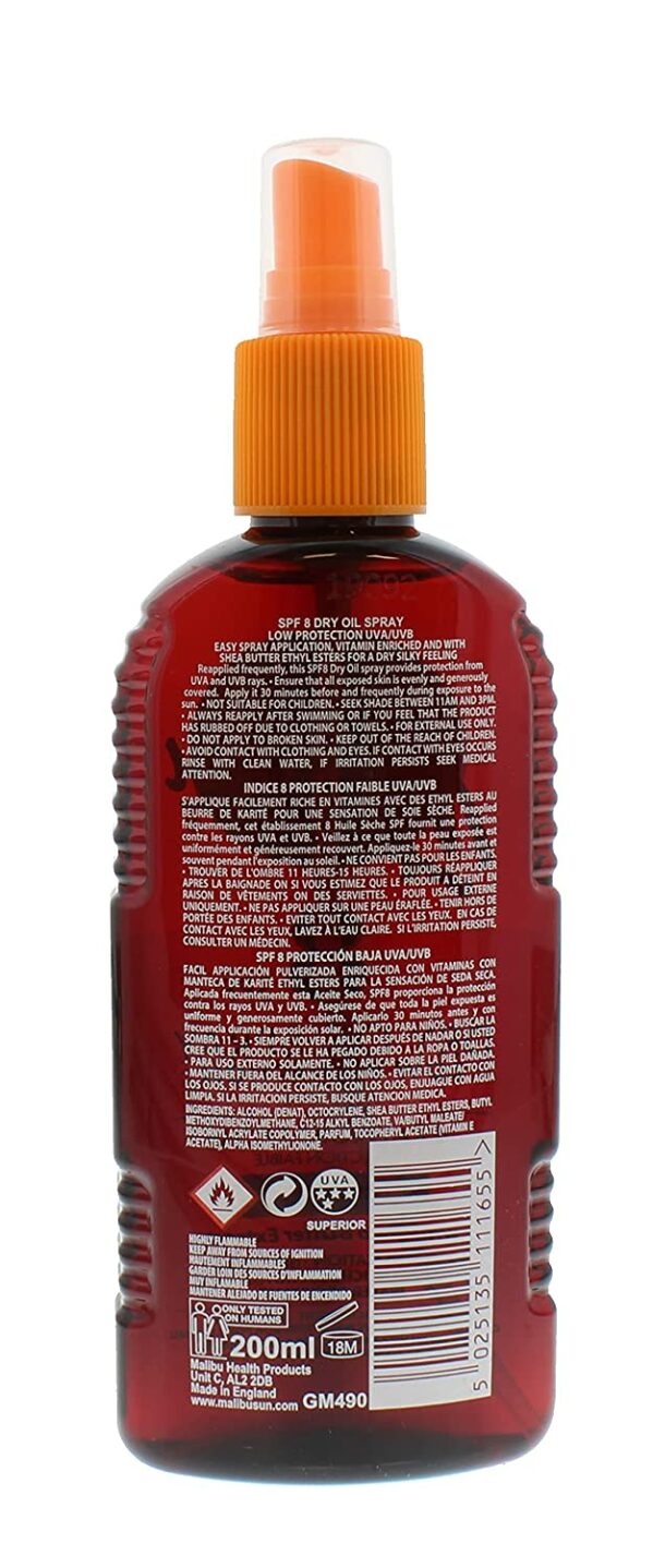 Malibu Dry Oil Spray SPF8 Olejek Brązujący Do Opalania 200ml x2szt - obrazek 2