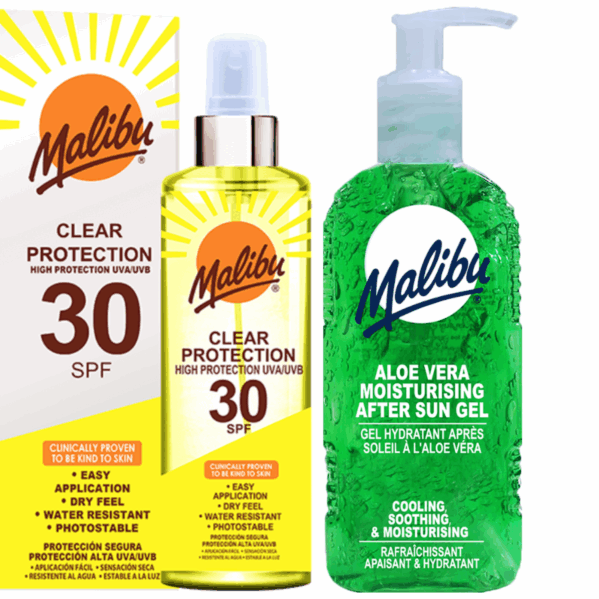 Malibu Bezbarwny Spray Ochronny SPF30 250ml + Aloe Żel Po Opalaniu 200ml