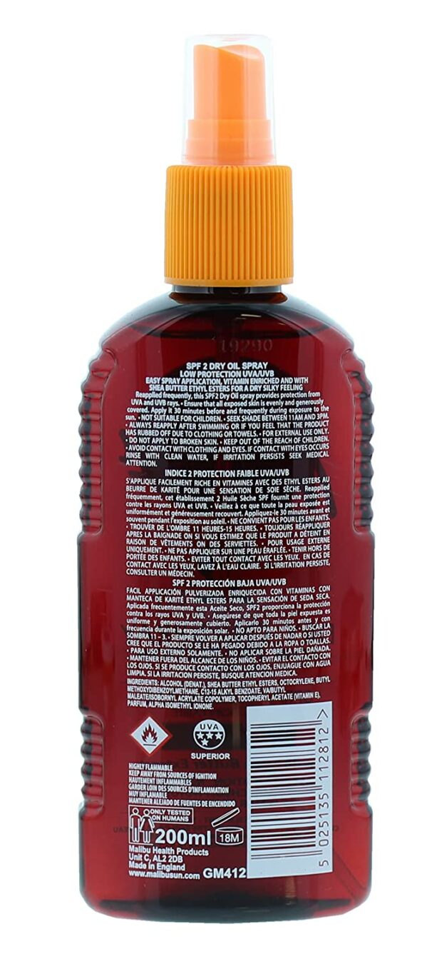 Malibu Dry Oil Spray SPF2 Olejek Brązujący Do Opalania 200ml x2szt - obrazek 2