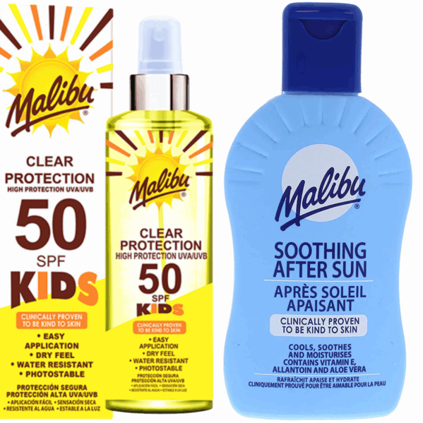 Malibu Bezbarwny Spray Dla Dzieci SPF50 250ml + Balsam Po Opalaniu 200ml