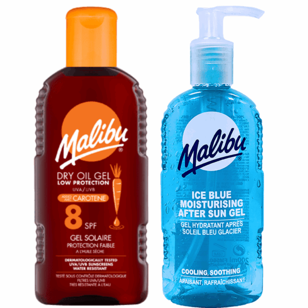 Malibu Suchy Żel Z Karotenem SPF8 200ml + Ice Blue Żel Po Opalaniu 200ml