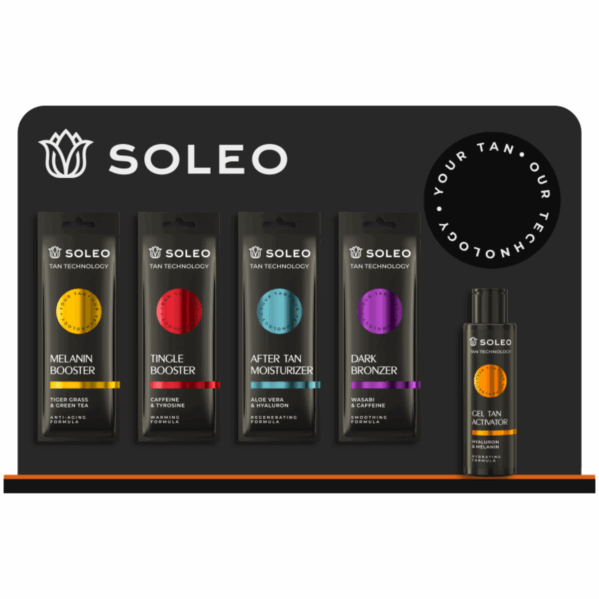 Soleo Ekspozytor Z Miejscem Na Butelkę Gel Tan Activator Oraz Saszetki (4 Czarne Haczyki)