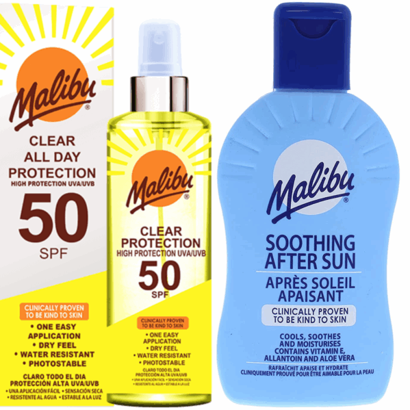 Malibu Bezbarwny Spray Ochronny SPF50 250ml + Balsam Po Opalaniu 200ml