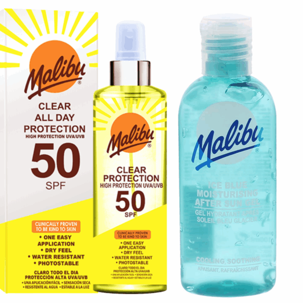 Malibu Bezbarwny Spray Ochronny SPF50 250ml + Żel Po Opalaniu 100ml